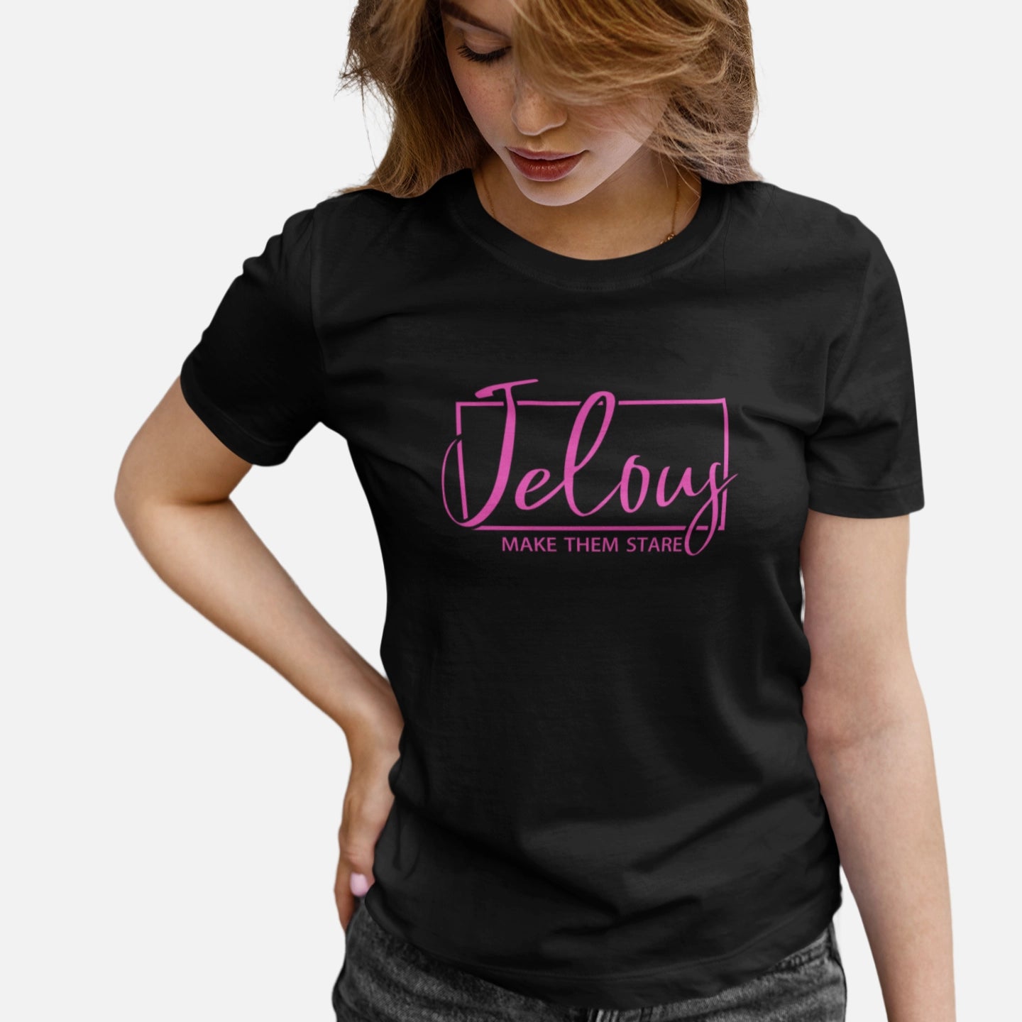 Women wearing Jelous black Frame Tee in white – 100% cotton, regular fit, locally made
