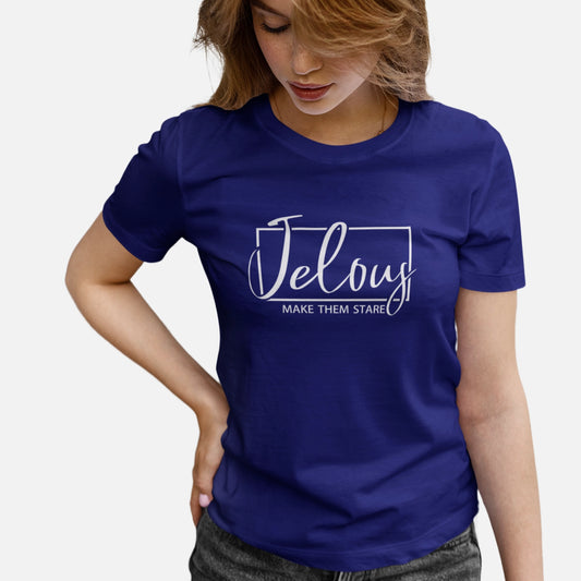 Women wearing Jelous blue Frame Tee in white – 100% cotton, regular fit, locally made