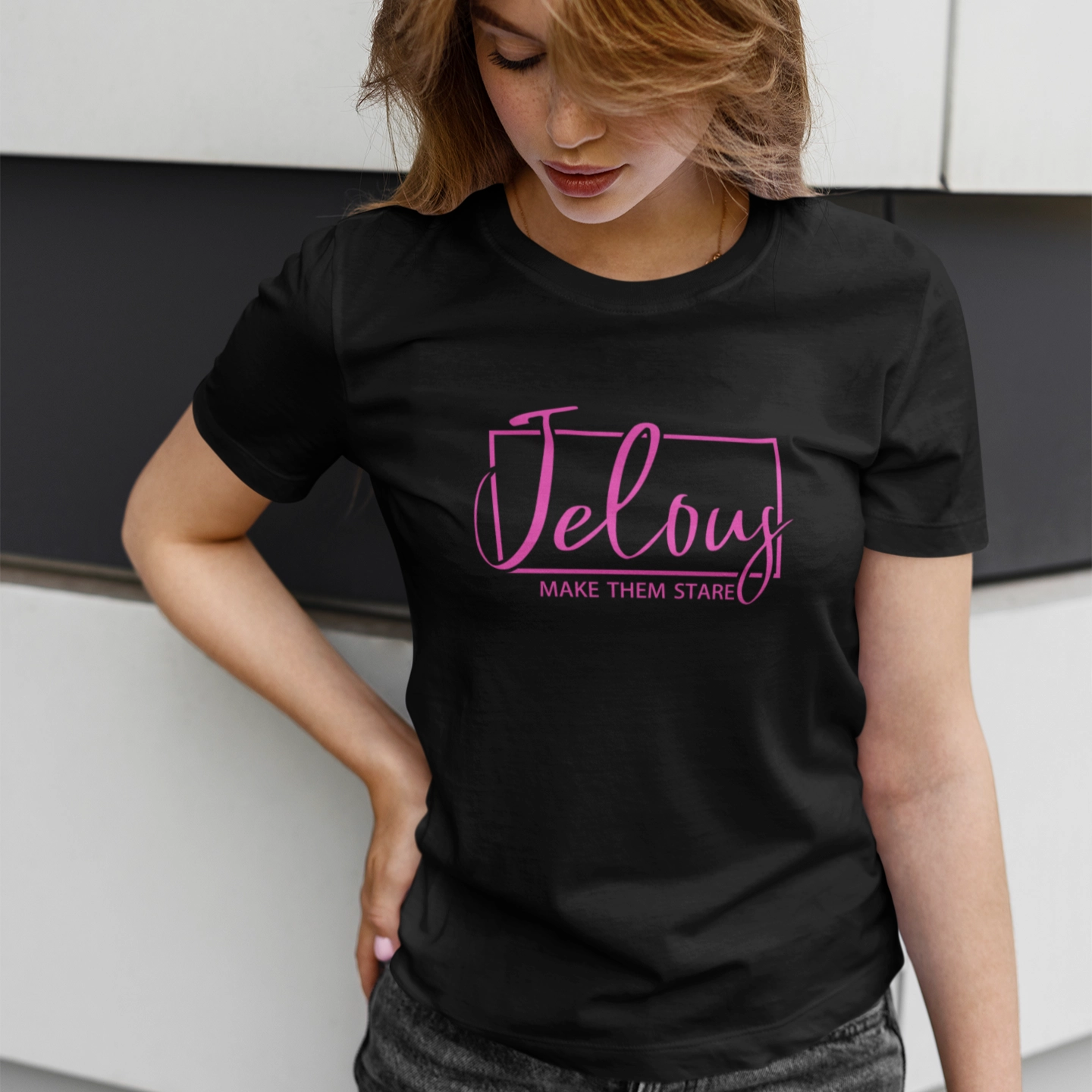 Women wearing Jelous black Frame Tee in white – 100% cotton, regular fit, locally made