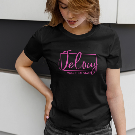 Women wearing Jelous black Frame Tee in white – 100% cotton, regular fit, locally made