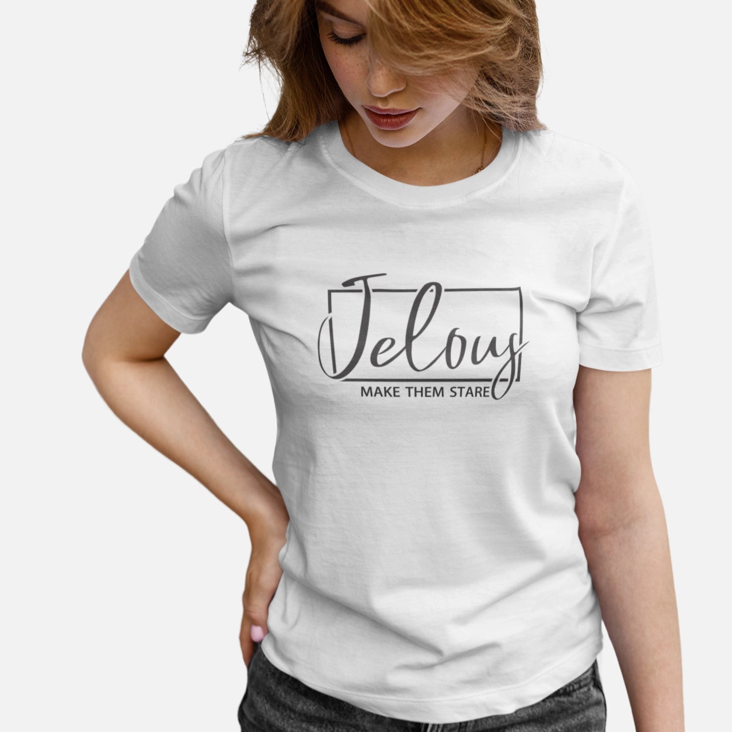 Women wearing Jelous white Frame Tee in white – 100% cotton, regular fit, locally made