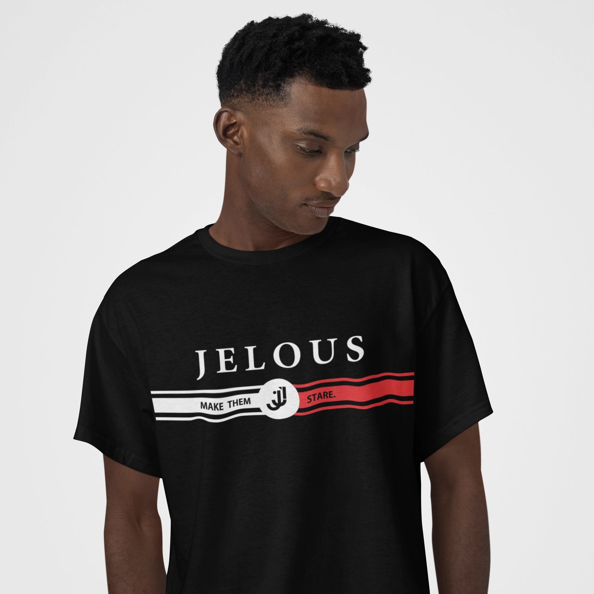 JELOUS Stripe Tee in 100% cotton with bold stripe design, available in black
