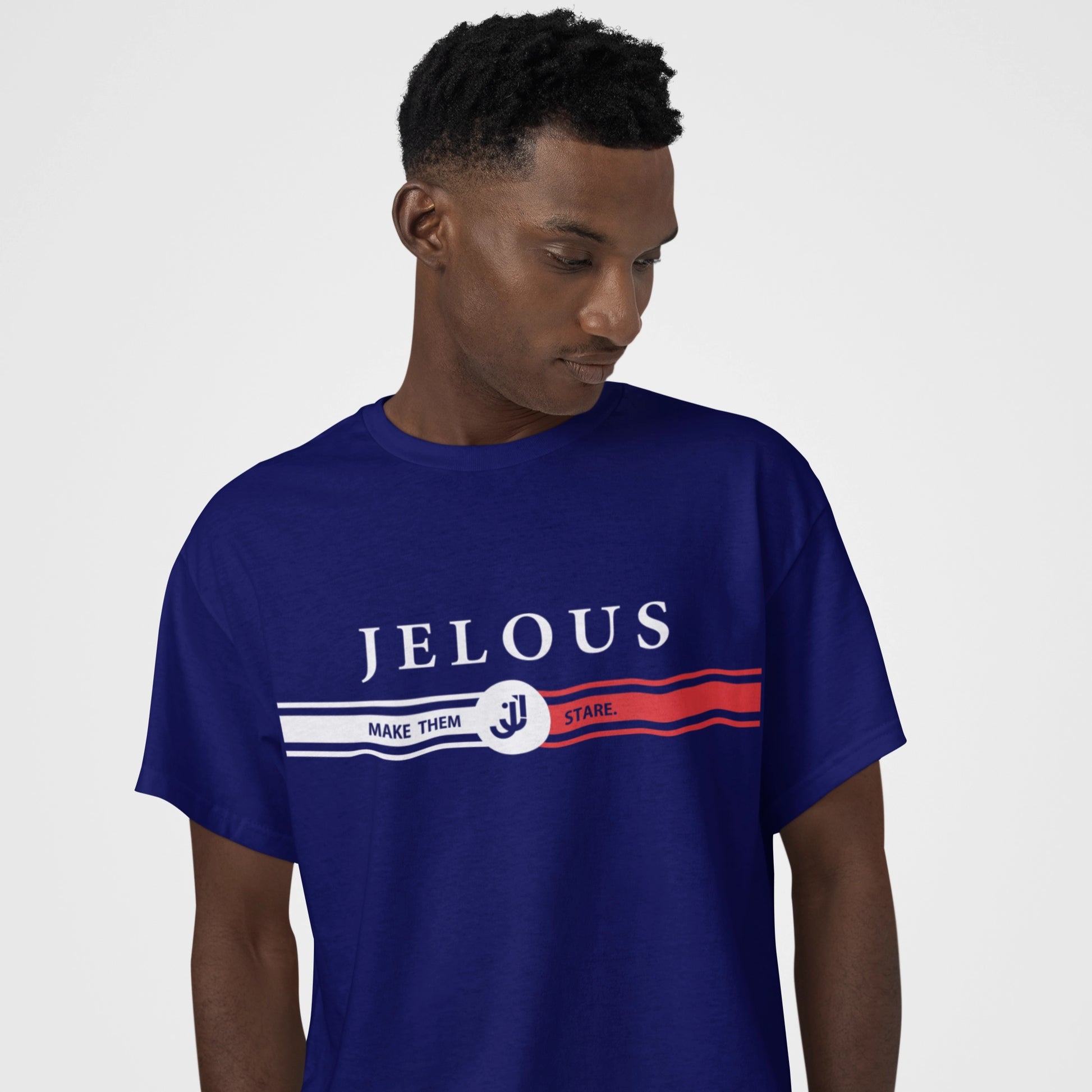 JELOUS Stripe Tee in 100% cotton with bold stripe design, available in blue