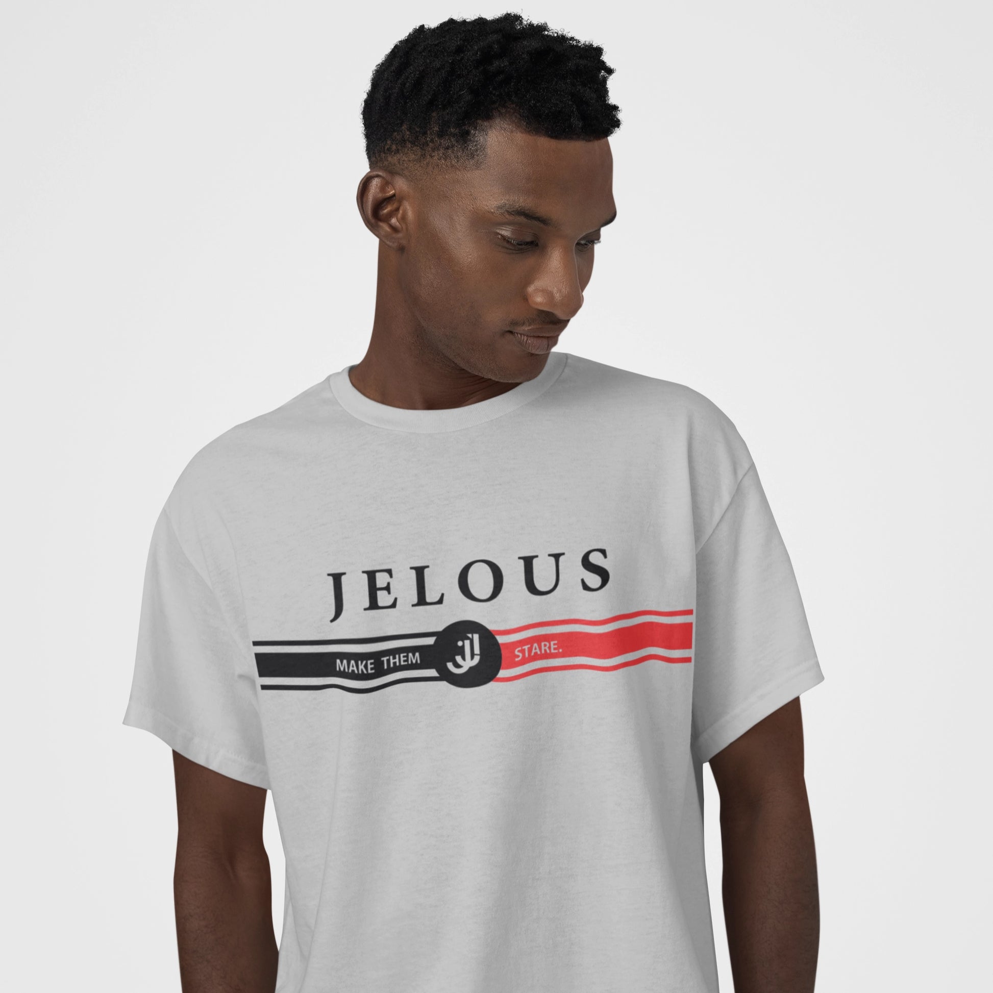 JELOUS Stripe Tee in 100% cotton with bold stripe design, available in grey