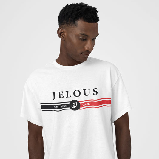 JELOUS Stripe Tee in 100% cotton with bold stripe design, available in white